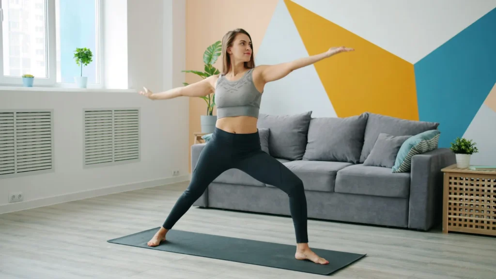 Treino em casa com tapete e faixas elásticas
